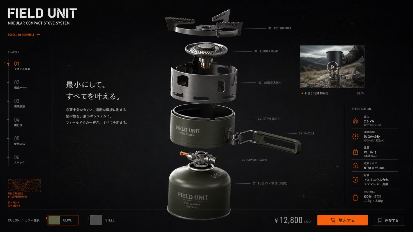 アウトドア製品FIELD UNITの分解表示サイト案
