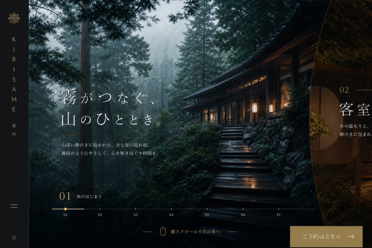 霧の森に佇む宿KIRISAMEの横スクロール型サイト案