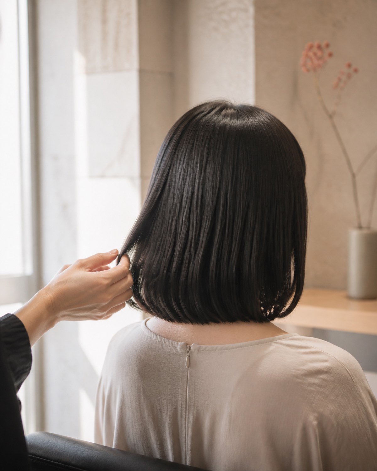 自然光の中で髪を整えるスタイリストの手