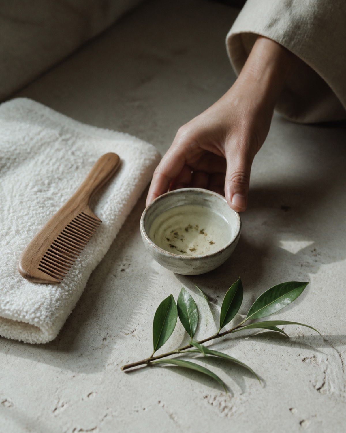 木の櫛と植物を用いたサロンケア